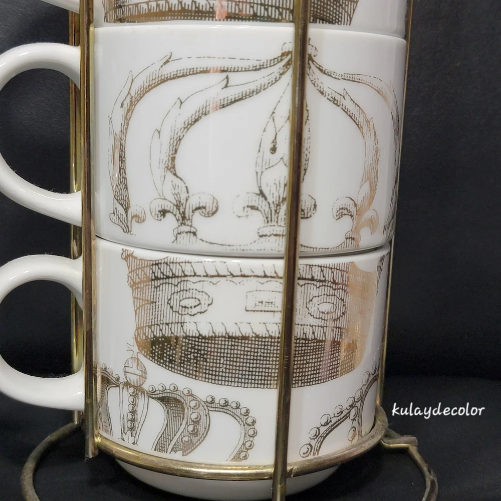 Pier 1 Imports Gold Crown Print Stacking Mugs Set w/ Gold Metal Rack Coffee Cups